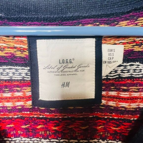 H&M L.O.G.G. Navy Blue Multicolor nordic sweater cardigan Sz S Grandpa Patch Elb - Picture 2 of 10